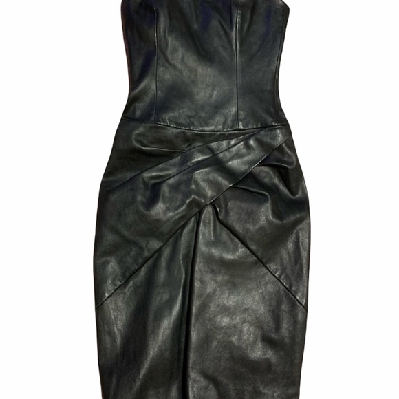 Rare VERA WANG Driven Sheath Leather Strapless LBD Little Black Dress 0 - Picture 5 of 6